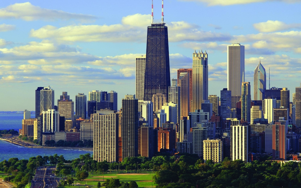View of Chicago skyline with Hancock Building centered