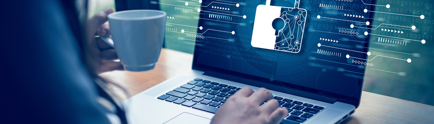 Close up image of woman typing on laptop with a padlock illustration overlay