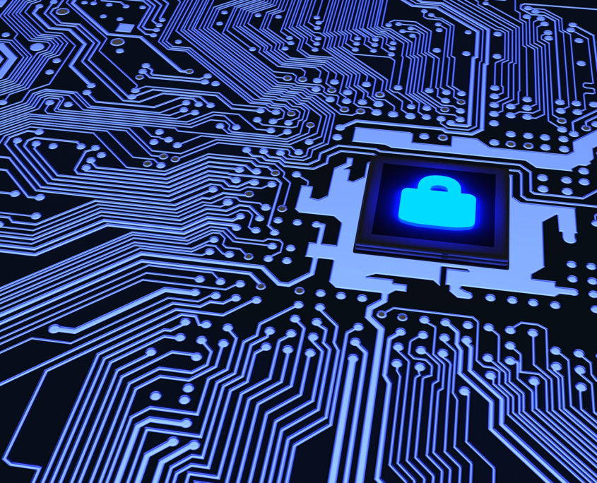Blue circuit board closeup connected to cpu with padlock
