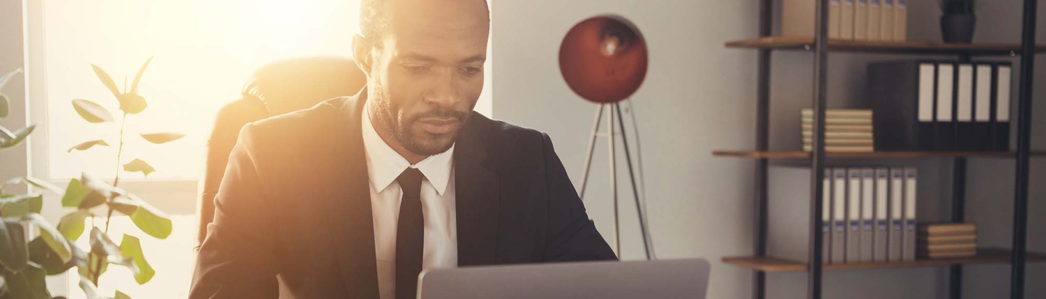 Portrait of his he nice attractive focused classy stylish trendy skilled experienced guy shark economist preparing finance report analysis market presentation at work place station